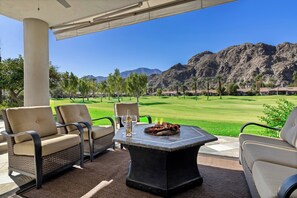 Sunbrella patio cushions and a firetable for any chilly desert evenings