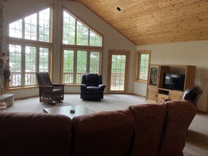 Large living room with beautiful view of the lake