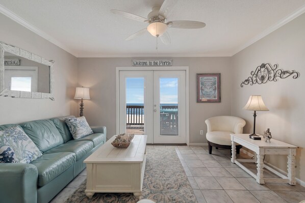French doors open up to a large private deck for guest use only.