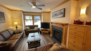 Living room with cable, wifi, Blu ray, Netflix, games, gas fireplace