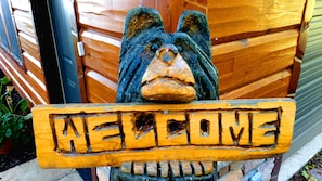 Wally the Welcome Bear welcomes you to Be-at-Ease Cabin...