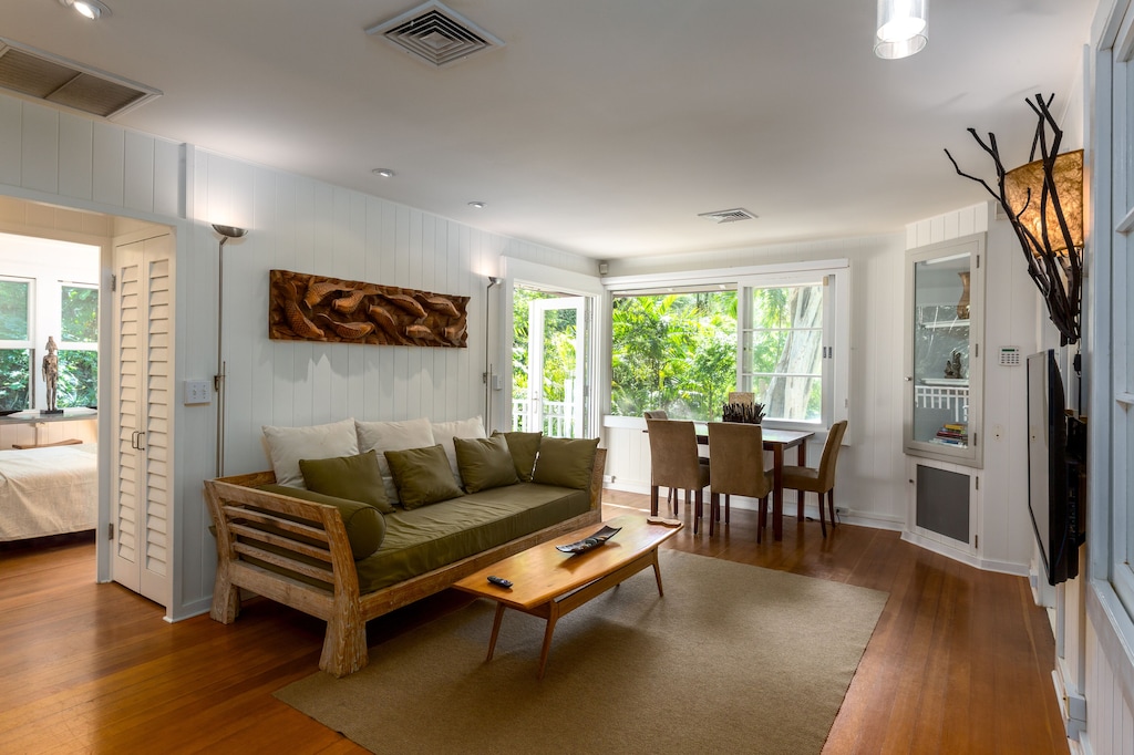 Neutrally toned living room interior of a vacation rental in Hawaii