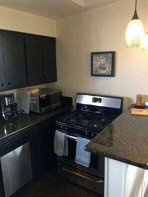 New stove, micro, dishwasher, coffee, All plates, cooking ware, utensils