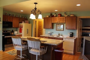 Kitchen with ample counter space for preparing and serving meals.