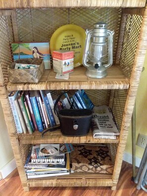 Living room. Books, DVD's, travel guides and maps.