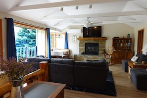 Living room with large picture window with view of Lake Gregory