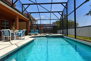 Private pool and Spa with covered lanai and child safety pool fence