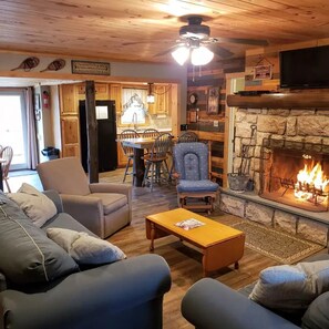 Open floor plan.  Beautiful fireplace.  New kitchen.