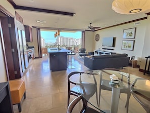 Sliding lanai doors recess all the way into the walls to bring the outdoors in