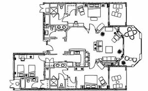 The floor plan for a 3BR/3.5BA.  2 masters with 2 Kings, Kitch, LR, DR, 2 twins.