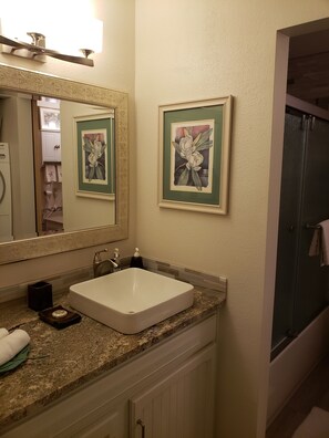 Newly remodeled guest bathroom off kitchen
