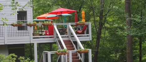 gated deck overlooking the lake-- two tables seating 4-6 each, chaise lounges! 