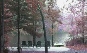 View from deck to lake on a beautiful fall day