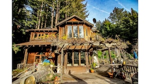 view from hot tub on redwood deck