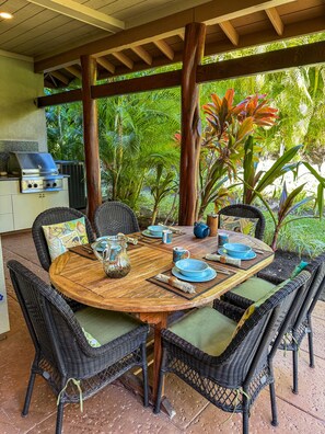 Shaded patio to enjoy after a day at the beach. Awesome BBQ for your grilling.