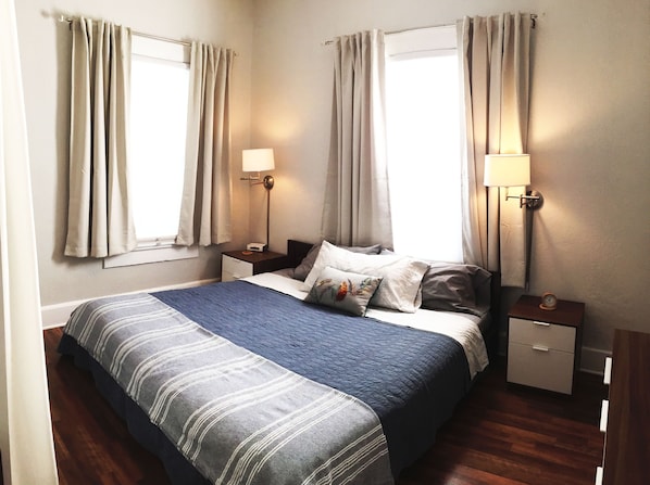 King Size Bed!  Bedroom with light filtering shades and black out curtains.