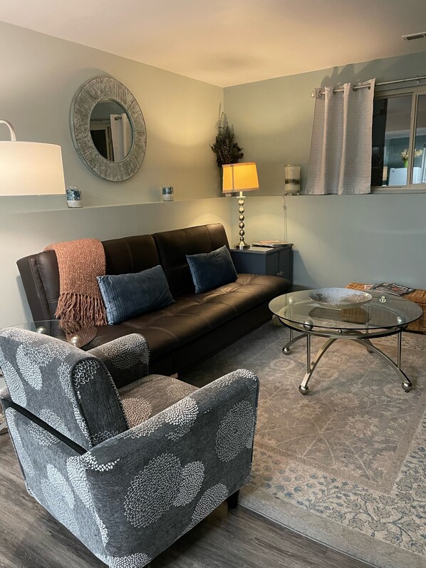 Comfortable living room area.  Sofa converts to a full size bed for extra guests