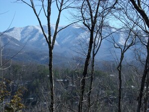 Snowy mountain view from deck or great room