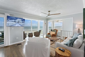 Living room with large tv and views of the beach