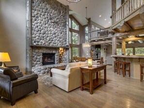Great Room with 22ft tall river rock fireplace!
