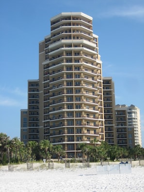 Beach view of Westwinds building. Fifteenth floor is at wide band near bldg top