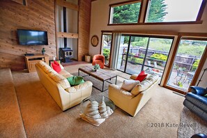 Living room with wood stove and large TV. We have Netflix and Great WIFI