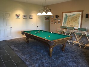 Game room with new carpet throughout the house, pool table and darts