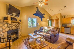 Delight in the coziness of the fireplace.