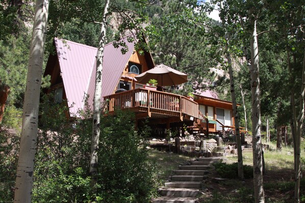 Summer view of Cabin from driveway at Creeks Edge