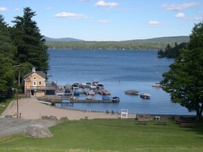 View of the lakefront and boathouse.