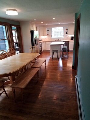 Echo/Amazon Music in Kitchen, seating for all. Want for nothing.  Well stocked. 