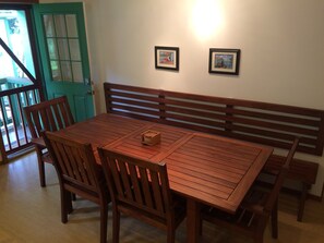 Enjoy sharing meals inside or outside.