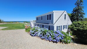 Lovely manicured grounds with hydrangeas blooming in season