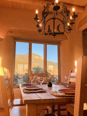 Dining Room with Mountain Views and Patio Door to Back Patio and Spa