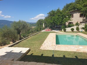 Pool area and house