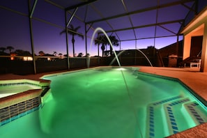 South-facing pool/spa with fountain and mood light