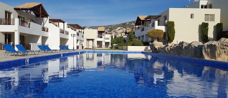 Main Pool at Vanessa where sunbeds are available for you to use.