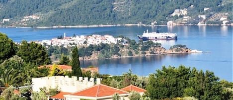 Orchard Villa across garden (far side) to Skiathos vllage, Cape Punta, Skopelos