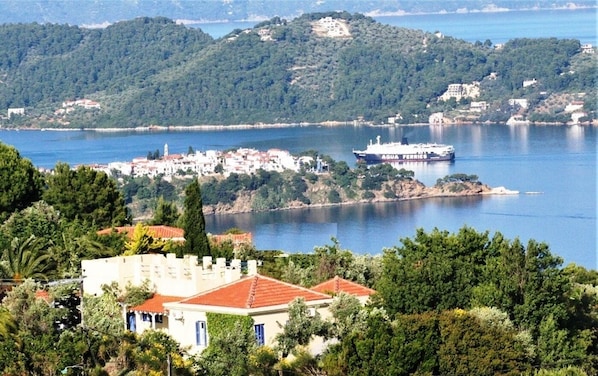 Orchard Villa across garden (far side) to Skiathos vllage, Cape Punta, Skopelos