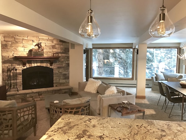 Living Room with view of deck and Gore Creek