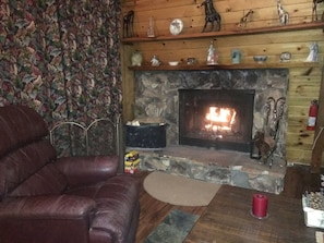 Traditional wood fireplace.