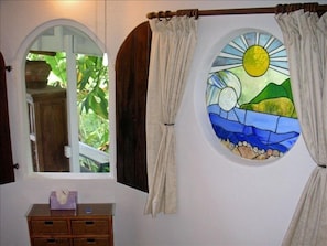 Stained glass bedroom window