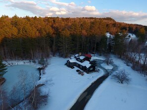 An aerial view during a winter evening.
