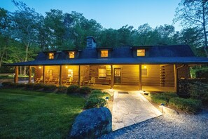 Front View at Night of Main Cabin at Diamond Falls Preserve.