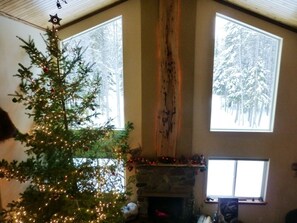Looking out the large, great room windows towards the snow clad trees.