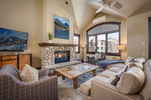 Main level lounge with gas fireplace