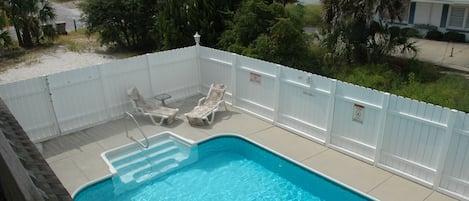 Pool view looking from balcony of 1 of 3 Master Suites.  Pool can be heated