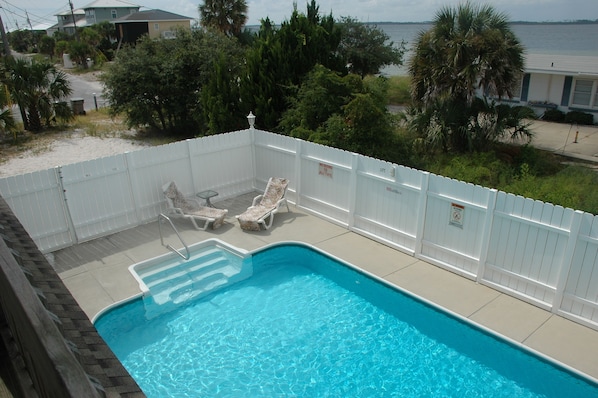 Pool view looking from balcony of 1 of 3 Master Suites.  Pool can be heated