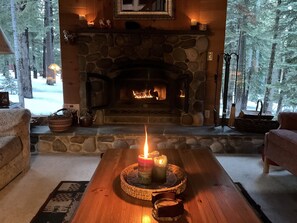 Warm inviting fireplace-lots of firewood and kindling in garage,