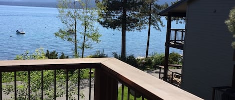 View from deck! Table and four chairs and BBQ